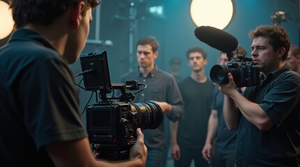 A close-up of a film crew setting up equipment on a movie set, capturing the intricate details of cameras, lights, and microphones, showcasing the behind-the-scenes action of filmmaking.
