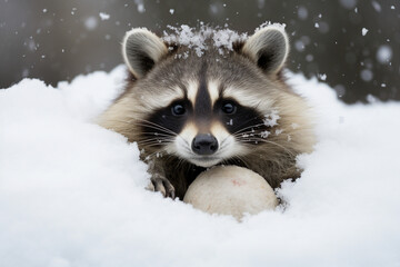 Winter leisure time active funny happy racoon sitting in snow Generative AI