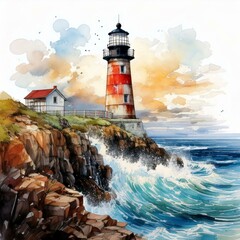 Historic lighthouse standing on a watercolor cliff overlooking crashing waves