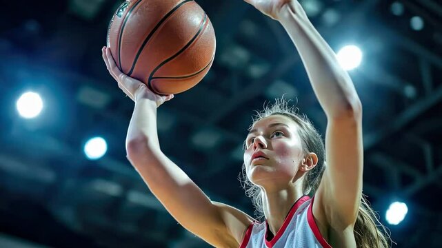 Focused female basketball player lining up a perfect free throw under bright stadium lights - sport concept