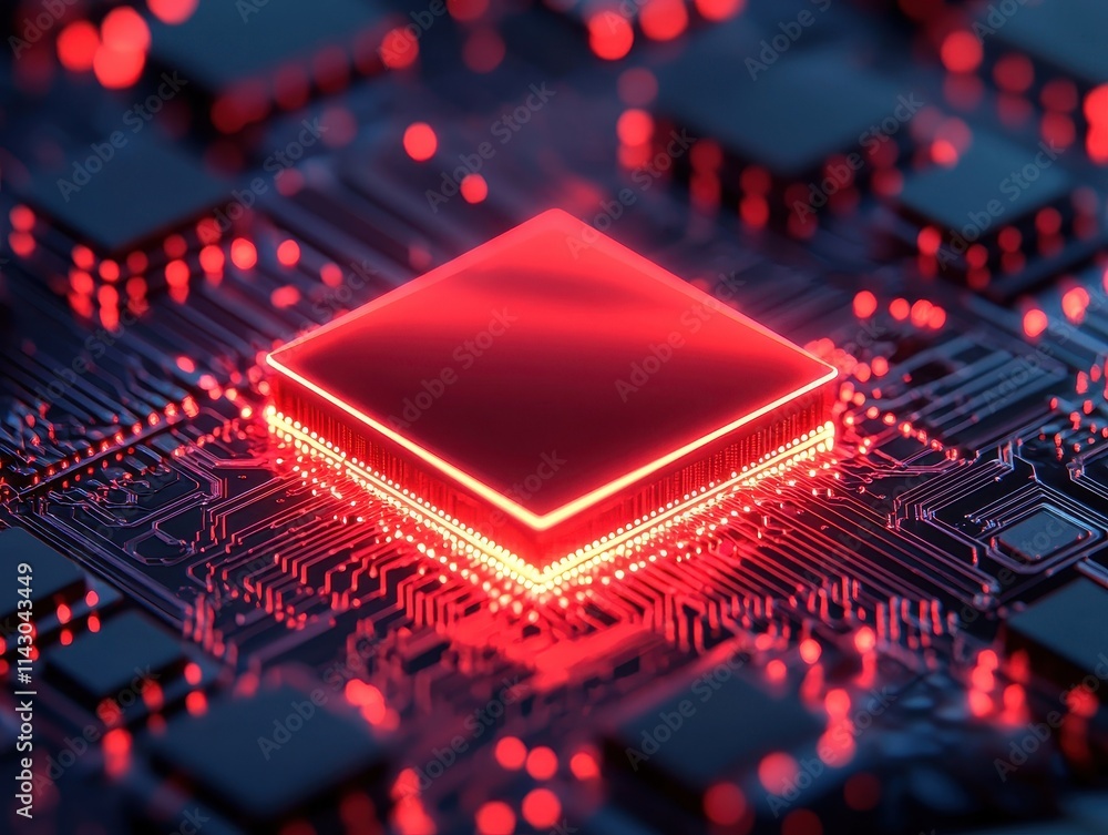 Poster a close-up view of a glowing red microchip on a circuit board, highlighting intricate connections an
