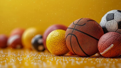 A collection of sports balls for basketball, soccer, football, baseball, tennis, and golf, set against a bright yellow background, showcasing the diversity and thrill of sports. Sports concept. Stock