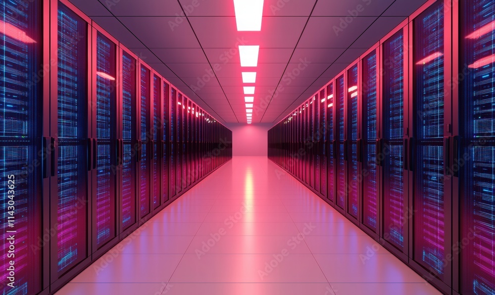 Poster a futuristic data center corridor with illuminated rows of servers, showcasing vibrant lighting and 