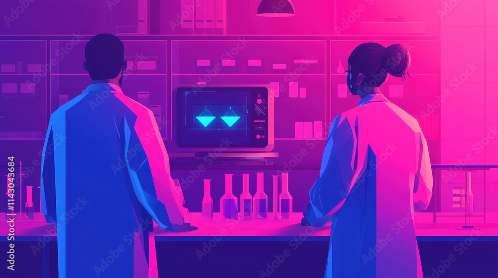 Poster two scientists in lab coats observe a monitor displaying geometric shapes, surrounded by laboratory 