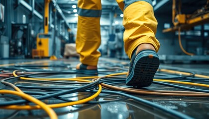 Worker in yellow uniform walks across wet factory floor. Cables scattered creating tripping hazard. Unsafe conditions exist. Industrial workplace shows maintenance issues. Focus on safety, risks.