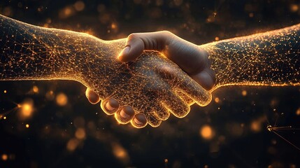 Two hands shaking, digital glowing lines connecting them in the background