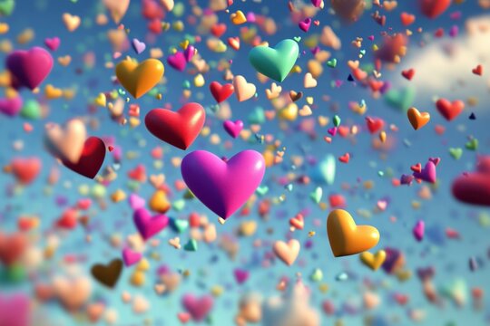 Colorful hearts float gently in a loopable animation, creating a romantic and festive atmosphere. The scene symbolizes love, joy, and the warmth of heartfelt celebrations.