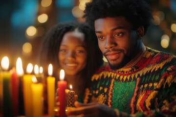 Young Black man holds candle while celebrating vibrant cultural traditions at night. Generative AI