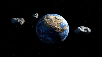 Naklejka premium A group of asteroids flying around the earth in space