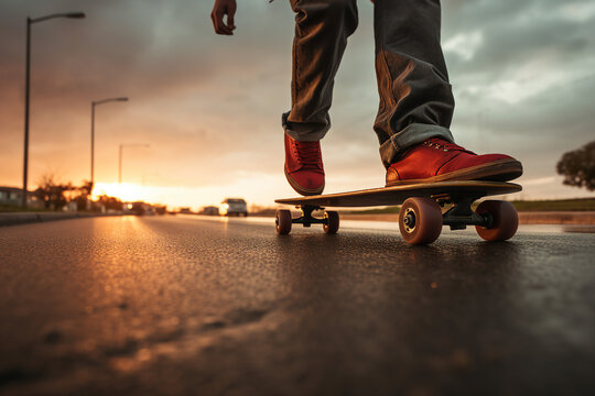 AI generated picture of young man riding a skateboard on an evening city street