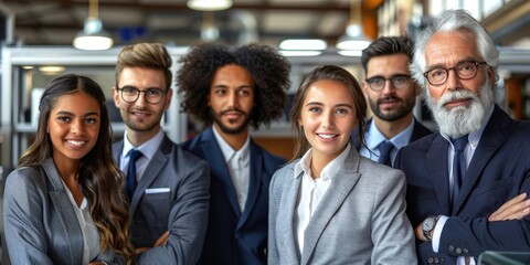 Fototapeta premium Young executives gather for a team photo in a modern office setting