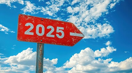 A red road sign with the numbers "2025" written on it, pointing towards the sky in front of white clouds.