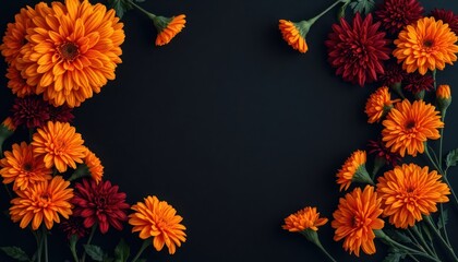 Orange, burgundy flowers arranged in frame on dark background. Floral arrangement autumnal. Vibrant colors create festive atmosphere. Flowers marigolds, carnations. Vivid blooms, deep rich dark