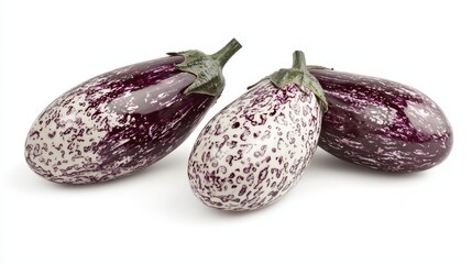 A couple of purple and white eggplants sitting next to each other