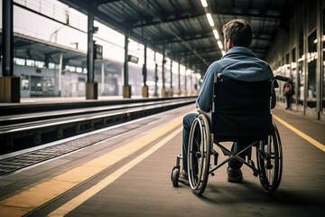 Obraz premium Man in a wheelchair waiting for public transportation made with generative AI
