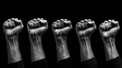 A group of clenched fists in a row on a black background