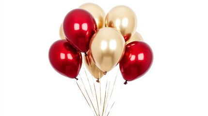 A bunch of red and gold balloons on a white background