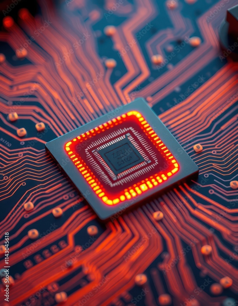 Poster close-up view of modern microchip on circuit board. intricate patterns, vibrant orange lights highli