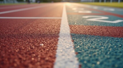 A close-up of a running track with vibrant lane markings and textured surface, showcasing the details of the track and the excitement of athletic competition.