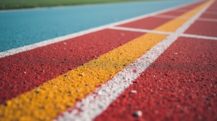 A close-up of a running track with vibrant lane markings and textured surface, showcasing the details of the track and the excitement of athletic competition.