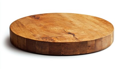 A round wooden cutting board on a white background