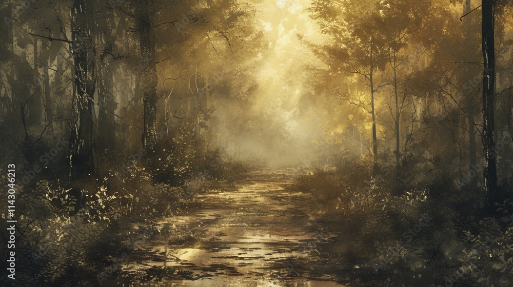 Aufkleber a mysterious forest scene with a misty path illuminated by soft golden sunlight breaking through the