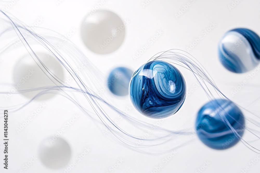 Poster a collection of floating blue and white marble-like spheres with delicate swirling patterns and flow
