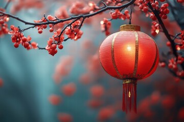 Obraz premium Bright red lantern hanging from a blooming branch celebrates Chinese New Year in a serene setting