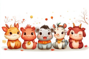 Naklejka premium Cute animal characters celebrate Chinese New Year with cheerful expressions and decorations