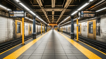 Subway station platform with trains, lights, and tiled walls.