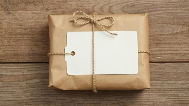 Rustic brown paper parcel tied with twine, blank label, element,simple