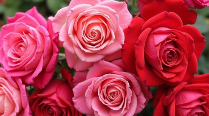 A close-up of blooming roses in various shades of pink and red, showcasing their velvety petals and intricate details, highlighting the beauty and elegance of these flowers.