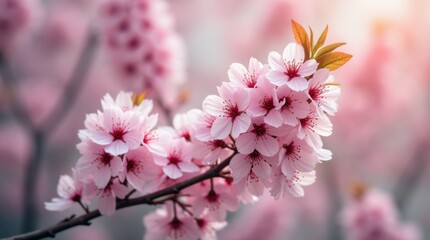 A close-up of blossoming tree branches adorned with delicate pink and white flowers, showcasing the intricate details and vibrant colors of spring.