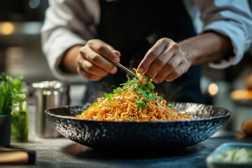 Indian chef artfully garnishing a delicious biryani in a bustling kitchen. Generative AI