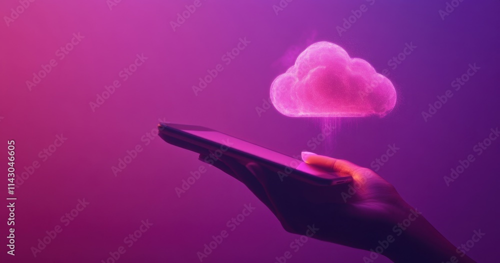 Poster a hand holding a phone with a glowing cloud icon on a purple background, representing the concept of
