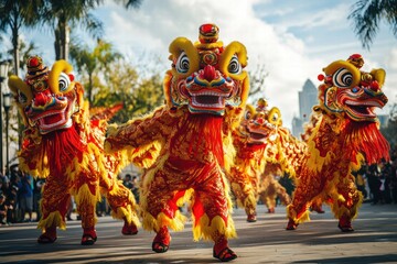 Vibrant dragon dance performance during Chinese New Year celebrations in an urban park