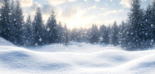 Beautiful Sunrise Winter Forest with Snow-Draped Ground, Frosty Trees, and Soft Falling Snowflakes Creating a Calm Atmosphere.