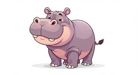 Obraz premium A cheerful cartoon hippopotamus with a large head, wide grin, and playful eyes stands on a plain white background.