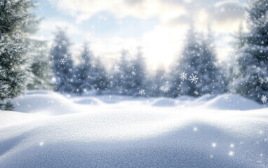 Fototapeta premium Stunning Winter Landscape Featuring Snow-Capped Ground, Icy Trees, and Snowflakes Drifting Gracefully in a Quiet Forest at Dawn