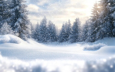 Magical Winter Snowfall Setting with Snow-Laden Ground, Frost-Kissed Trees, and Softly Falling Snow in a Peaceful Sunrise Forest