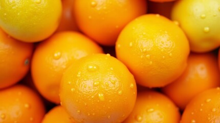 A close-up of vibrant oranges and lemons with droplets of water, showcasing their freshness and high vitamin C content, perfect for a healthy lifestyle theme.