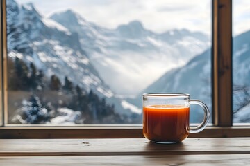 A clear mug of hot tomato soup on a wooden table, near a window with a snowy mountain view. Sunlight adds warmth to the cozy scene