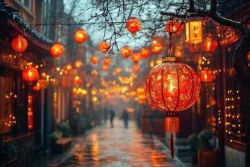 Illuminated street adorned with lanterns during Chinese New Year celebration at dusk