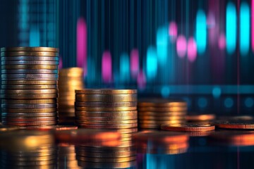Stacks of coins with glowing chart depicting financial growth dynamics