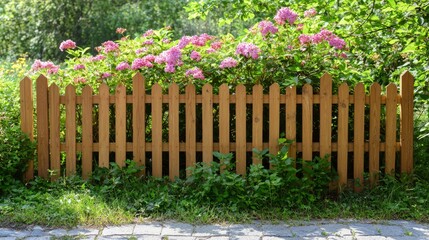 Naklejka premium A wooden fence surrounded by pink flowers in a garden