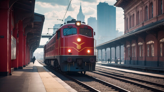 Red Locomotive in Urban Train Station with City Skyline