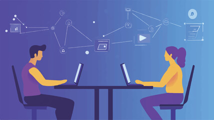 A flat vector illustration | A person sitting at the desk doing all the office work with a laptop. And he is thinking about digital marketing.  Art & Illustration