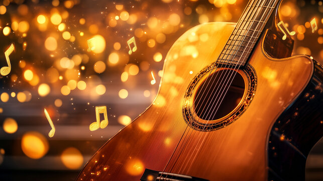 Gitara z delikatnymi nutami unoszącymi się w powietrzu, otoczona subtelnymi światłami bokeh, oddaje atmosferę muzycznej inspiracji.