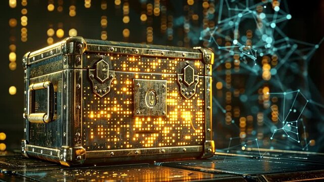 Small golden case with glowing circuits and key lock is protecting big data in futuristic environment with binary code rain and network connections