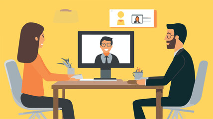 A flat vector illustration | A person sitting at the desk doing all the office work with a laptop. And he is thinking about digital marketing.  Art & Illustration